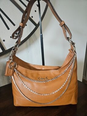Coach Tan Leather Shoulder Bag with Silver Chain Details